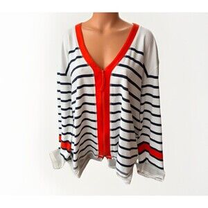 Lisa Todd Womens Striped Pima Cotton Silk Full Zip Top Cardigan Size 3XL